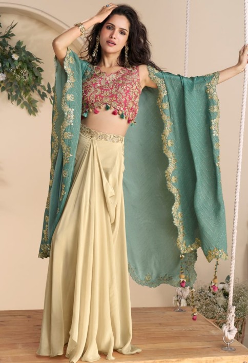 Pink Beige Sharara Set with Embroidered Blouse & Printed Shrug